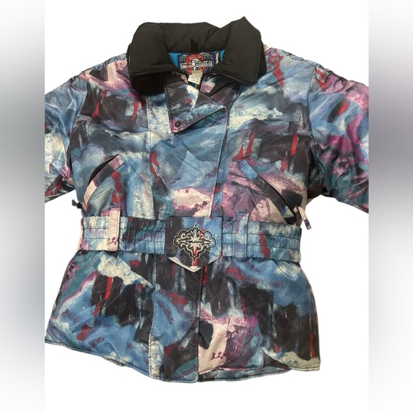 Vintage Polaris Snowmobile Puffer Jacket Thermoloft Belted Abstract Print size M - Picture 2 of 15